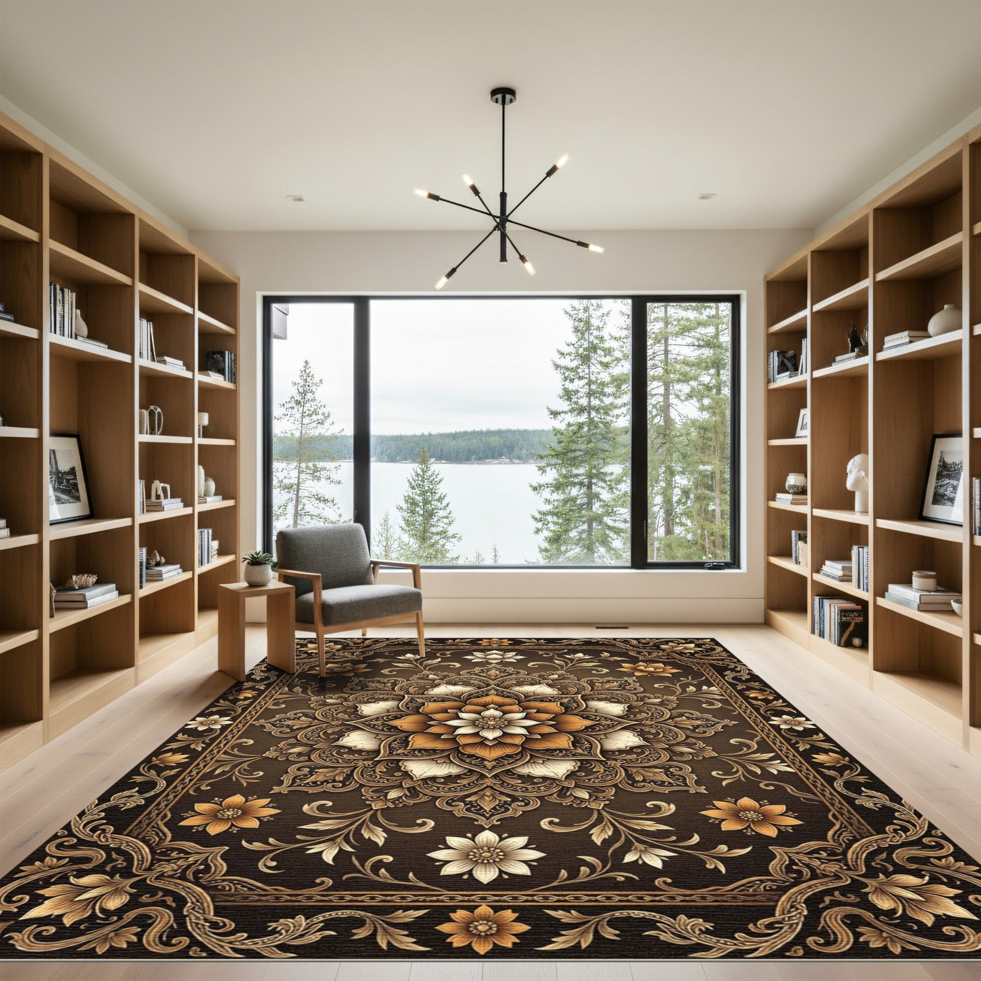 Elegant Bronze Floral Golden Medallion Rug
