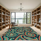 Vibrant Teal and Tangerine Paisley Swirls Rug