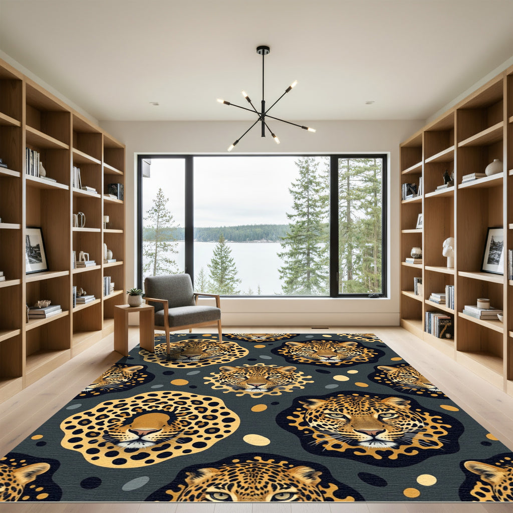 Bold Leopard Faces Gold Accents Rug