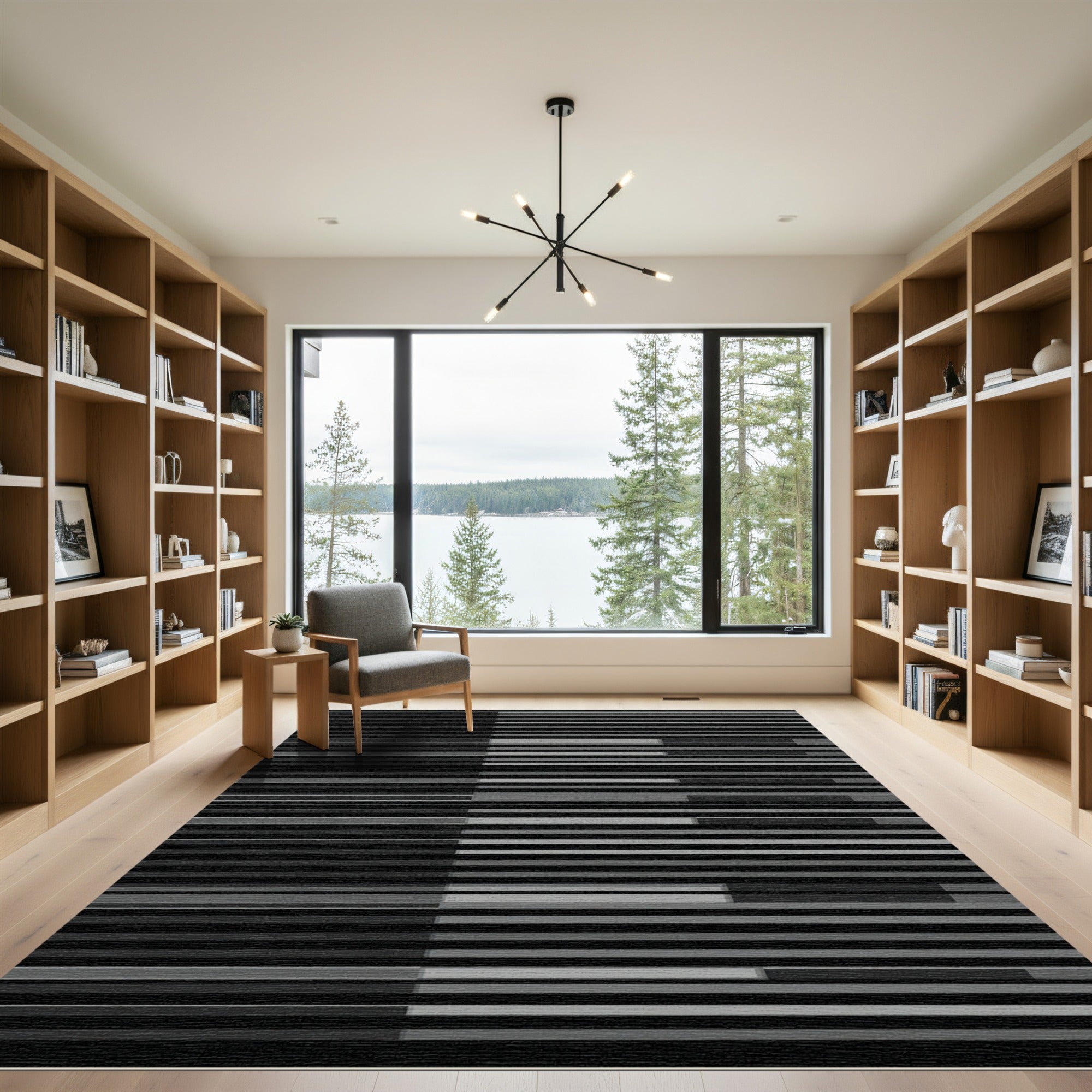 Minimalist Charcoal and Slate Striped Composition Rug