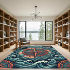 Nautical Compass Amidst Teal Ocean Waves Rug