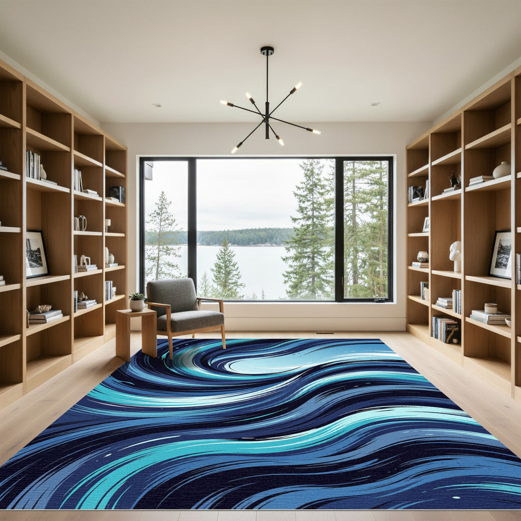 Ocean Swirl Abstract Navy Blue Wave Rug