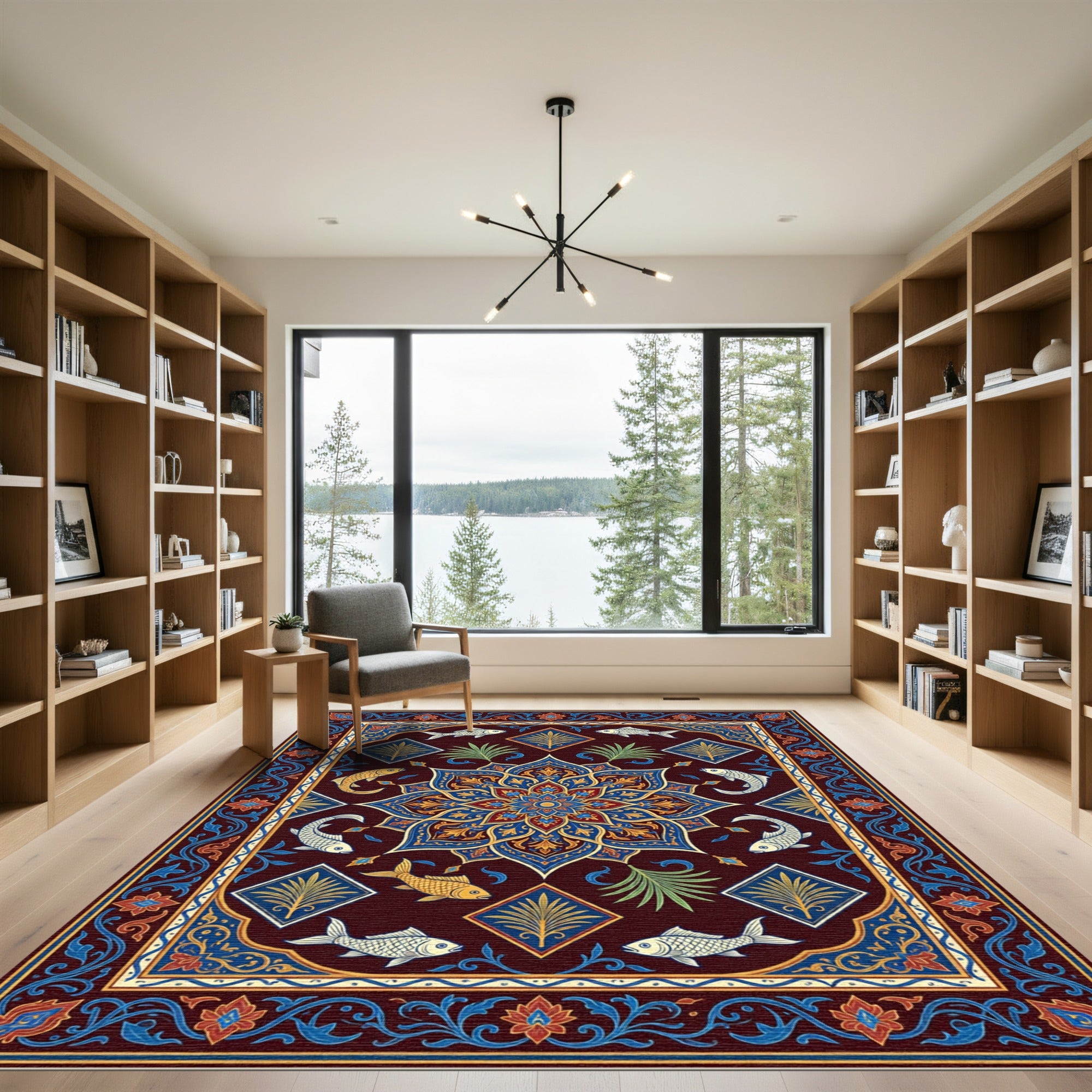 Rich Burgundy Fish Medallion Border Rug