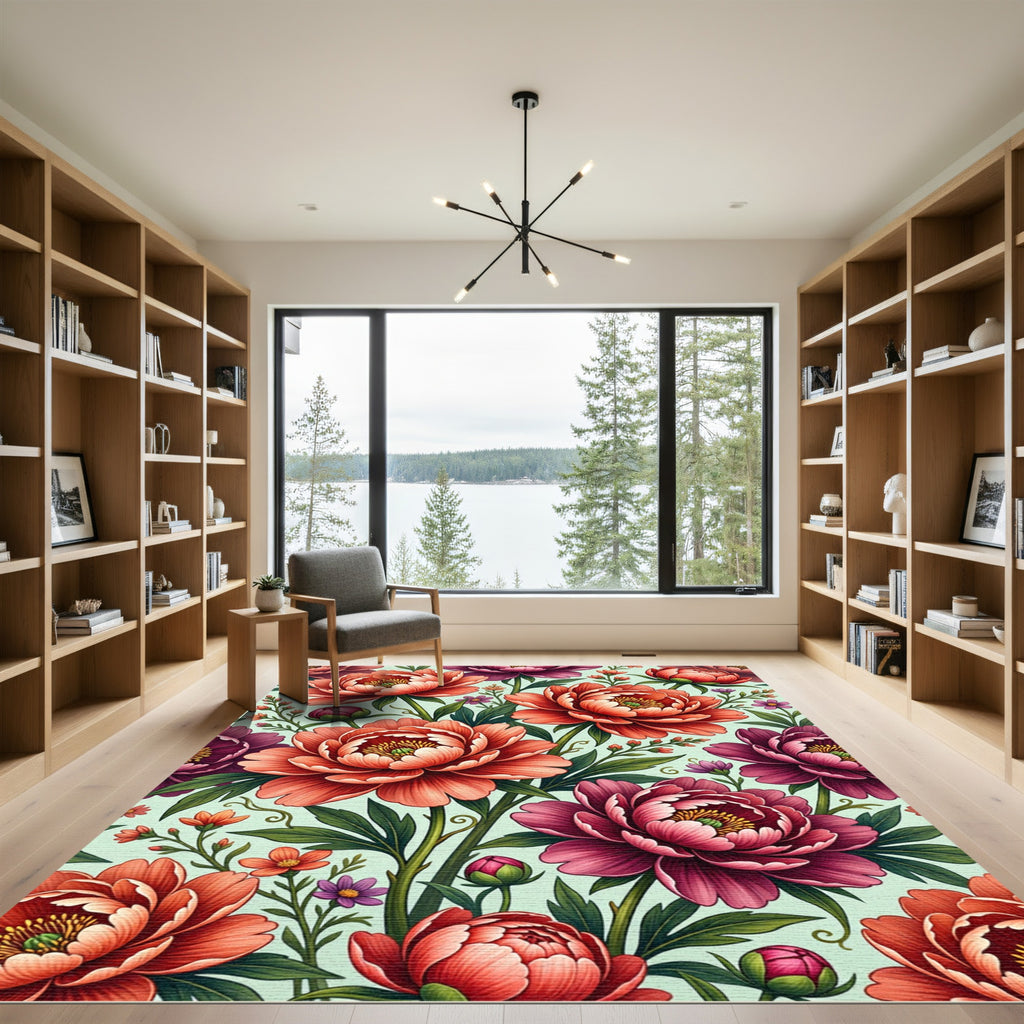 Vibrant Peony Floral Botanical Garden Rug