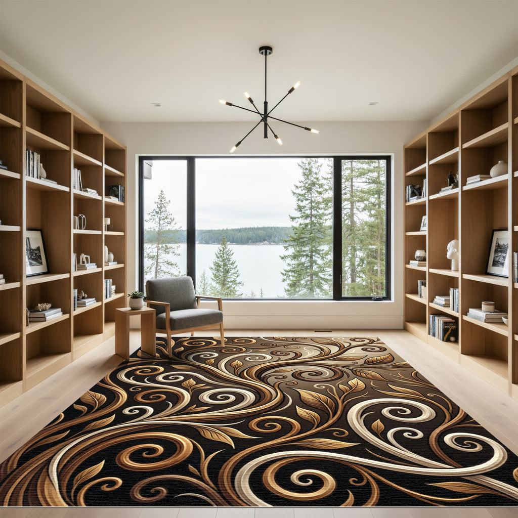 Rich Gold Brown Swirl Foliage Rug