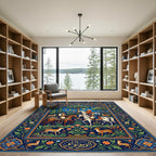 Royal Blue Equestrian Hunt Garden Scene Rug