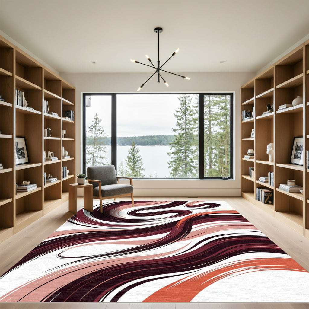 Crimson Peach Abstract Swirl Rug