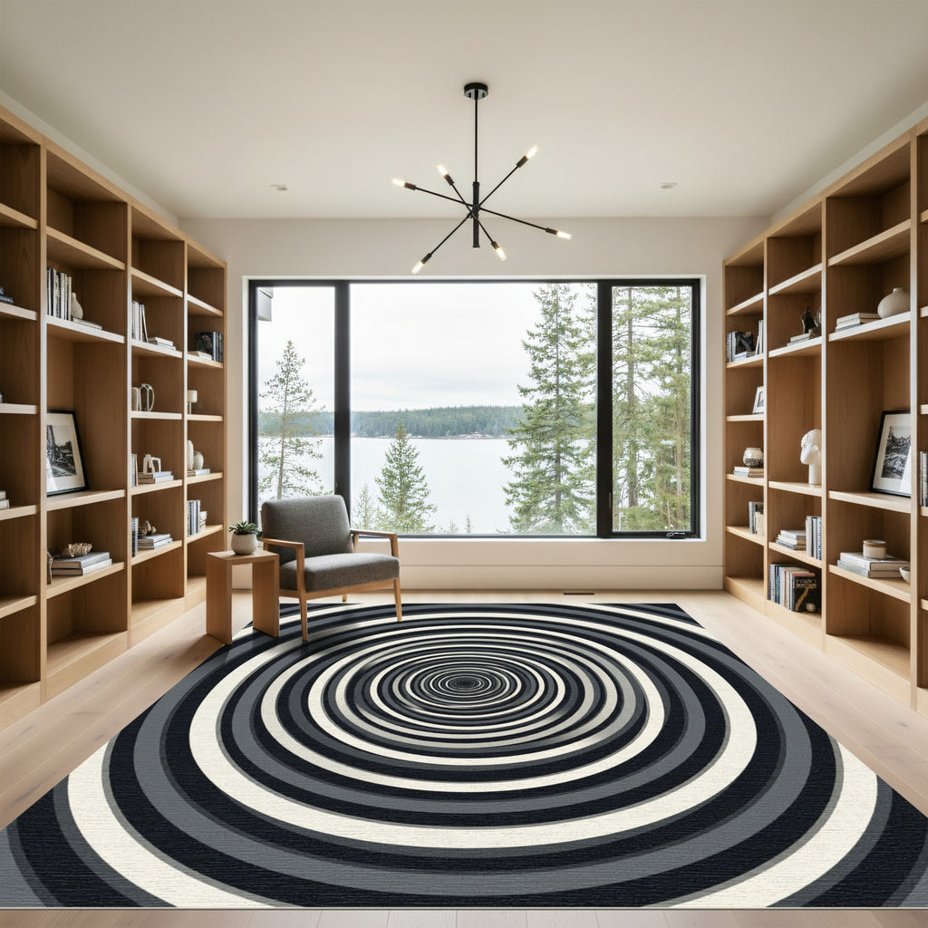 Monochromatic Elliptical Vortex Concentric Circular Art Rug