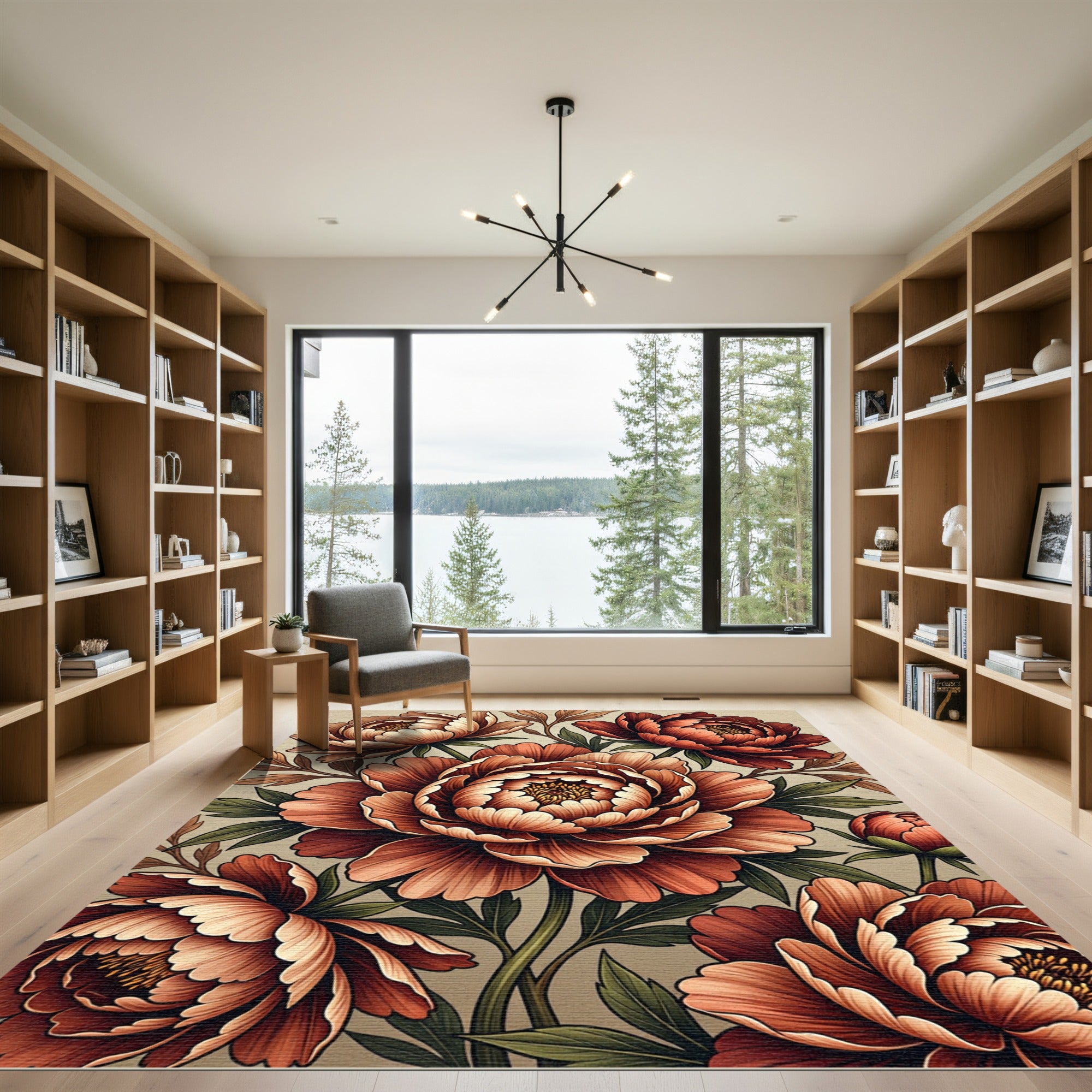Earthy Terracotta Peony Floral Bouquet Rug
