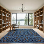 Blue Geometric Interlocking Lattice Grid Rug