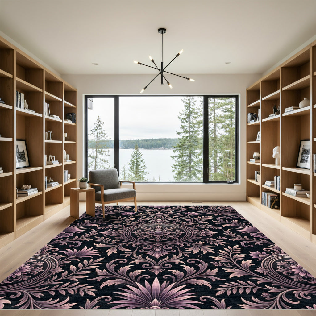 Elegant Mauve Damask Floral Medallion Rug
