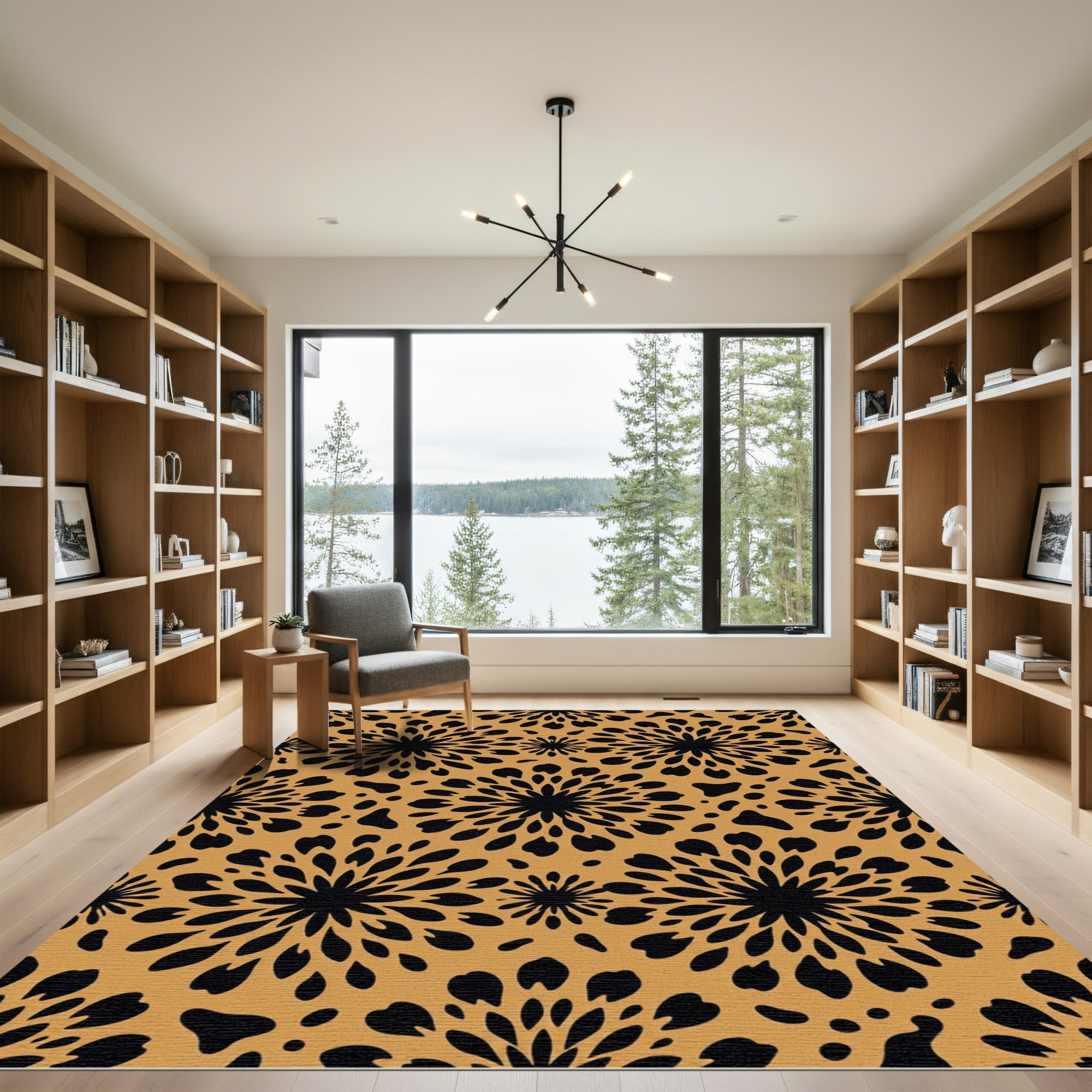 Black Floral Burst Ochre Abstract Rug