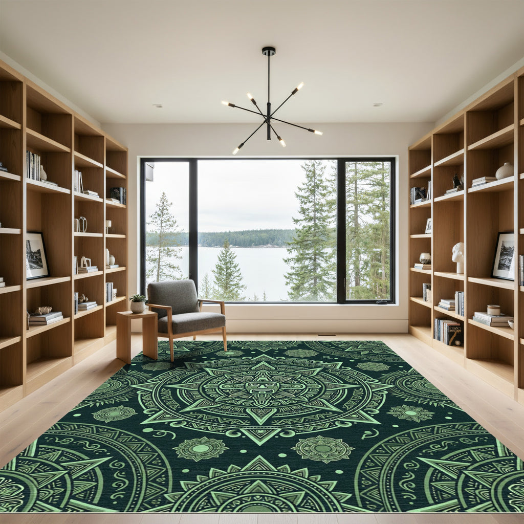 Green Sun God Medallion Mandala Rug