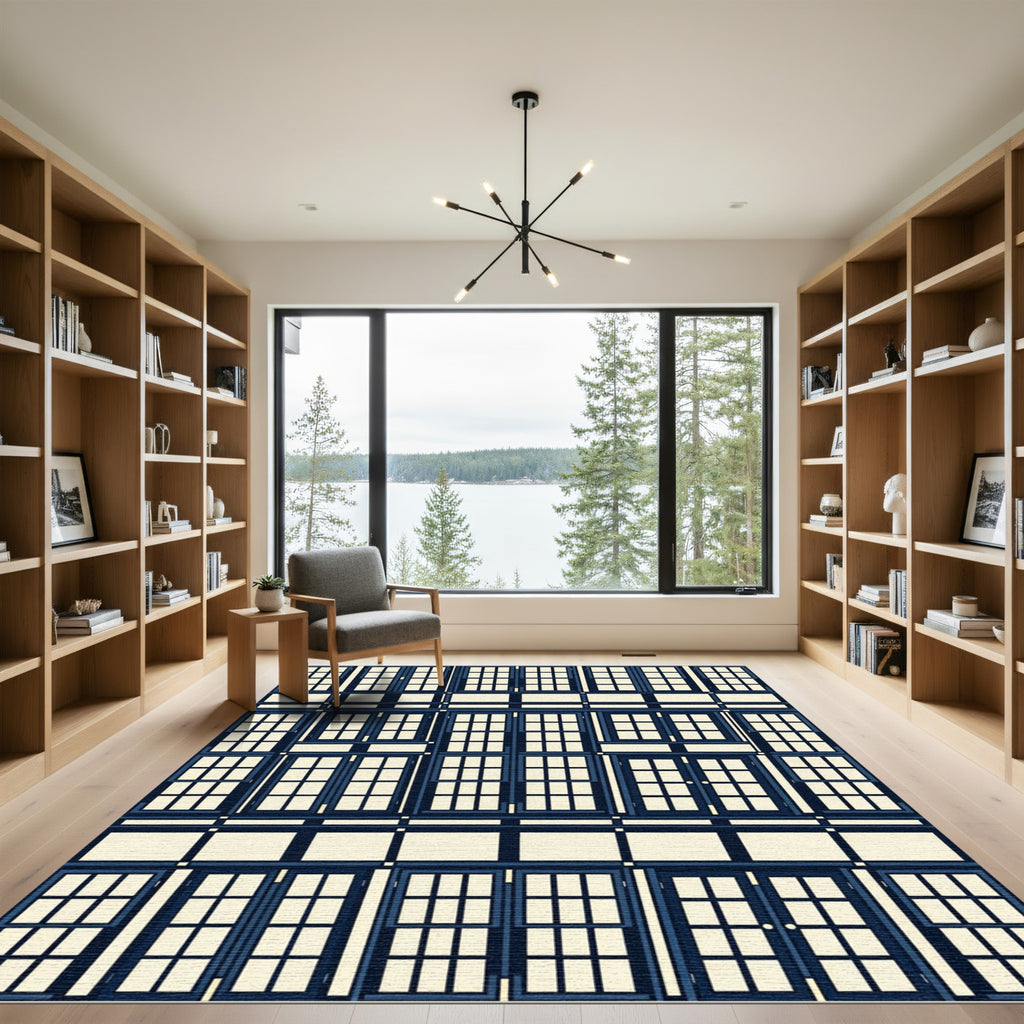 Deep Blue Architectural Window Facade Rug