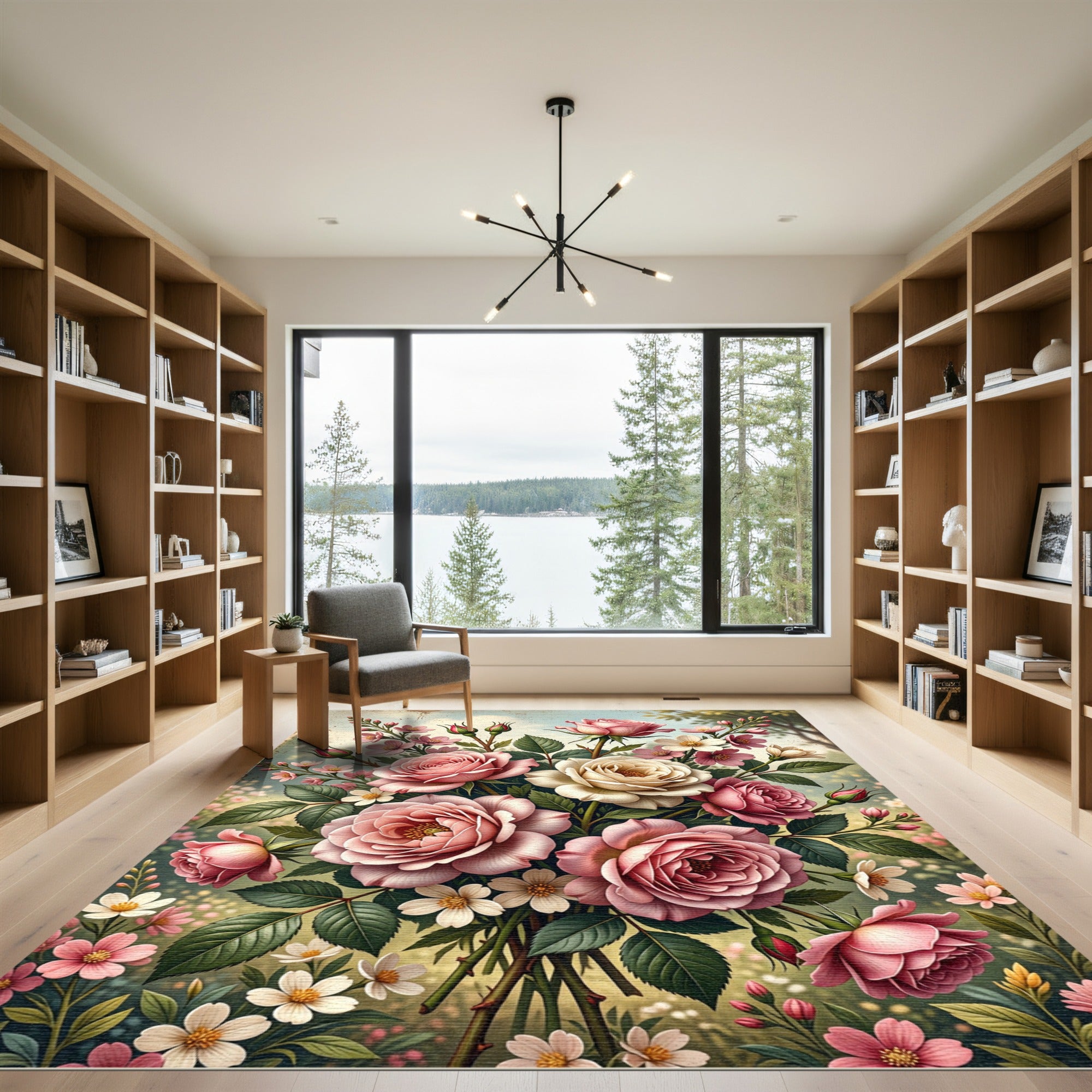 Elegant Pink Rose Bouquet Garden Illustration Rug