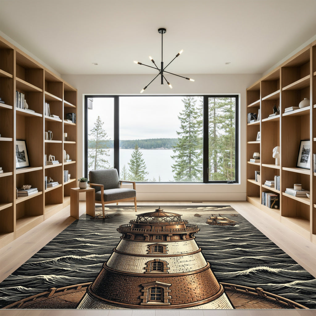 Sepia Nautical Lighthouse Ocean Vista Rug
