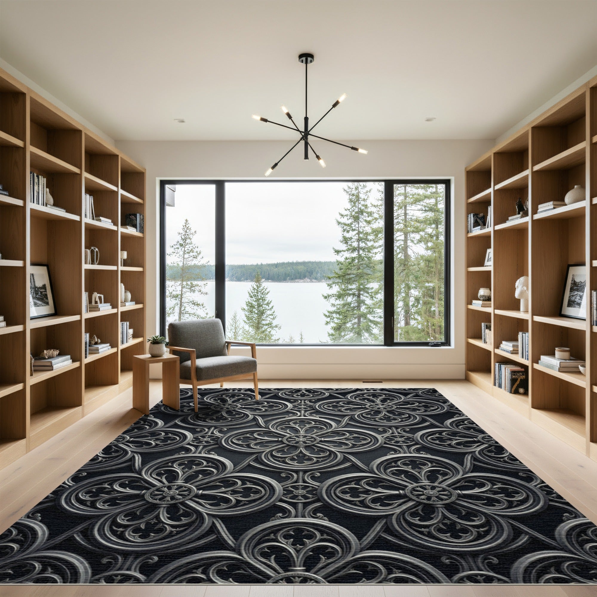Sophisticated Charcoal Gothic Quatrefoil Scroll Rug