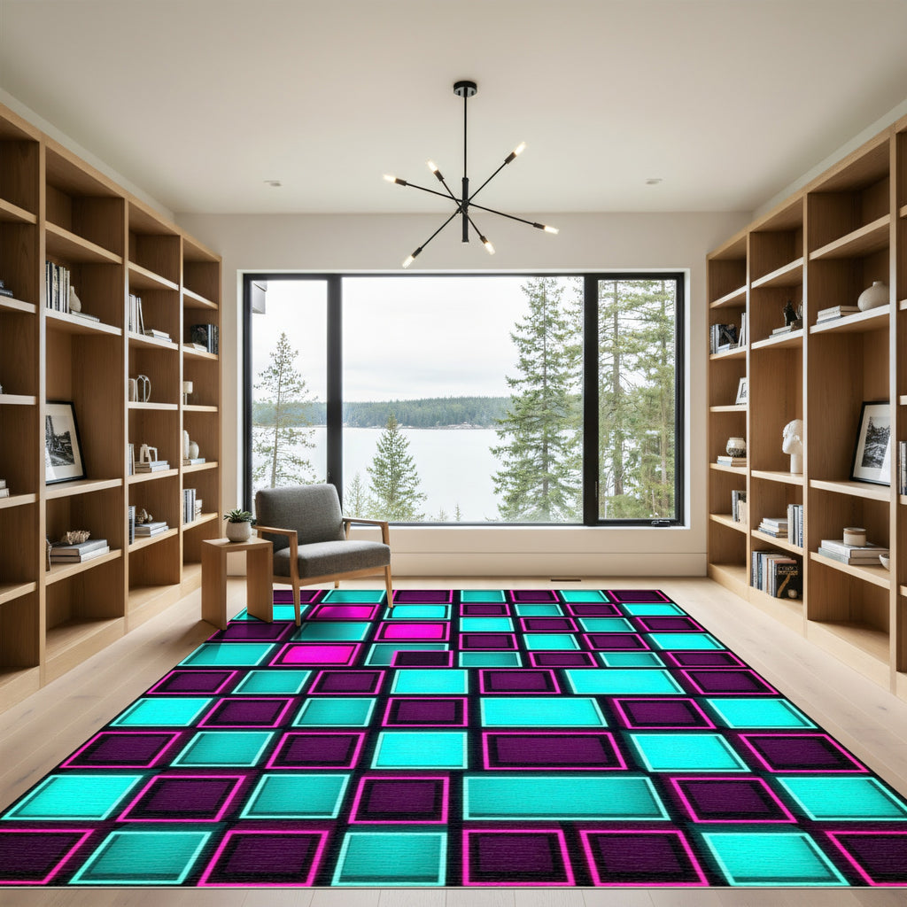 Neon Cyber Grid Geometric Mosaic Rug