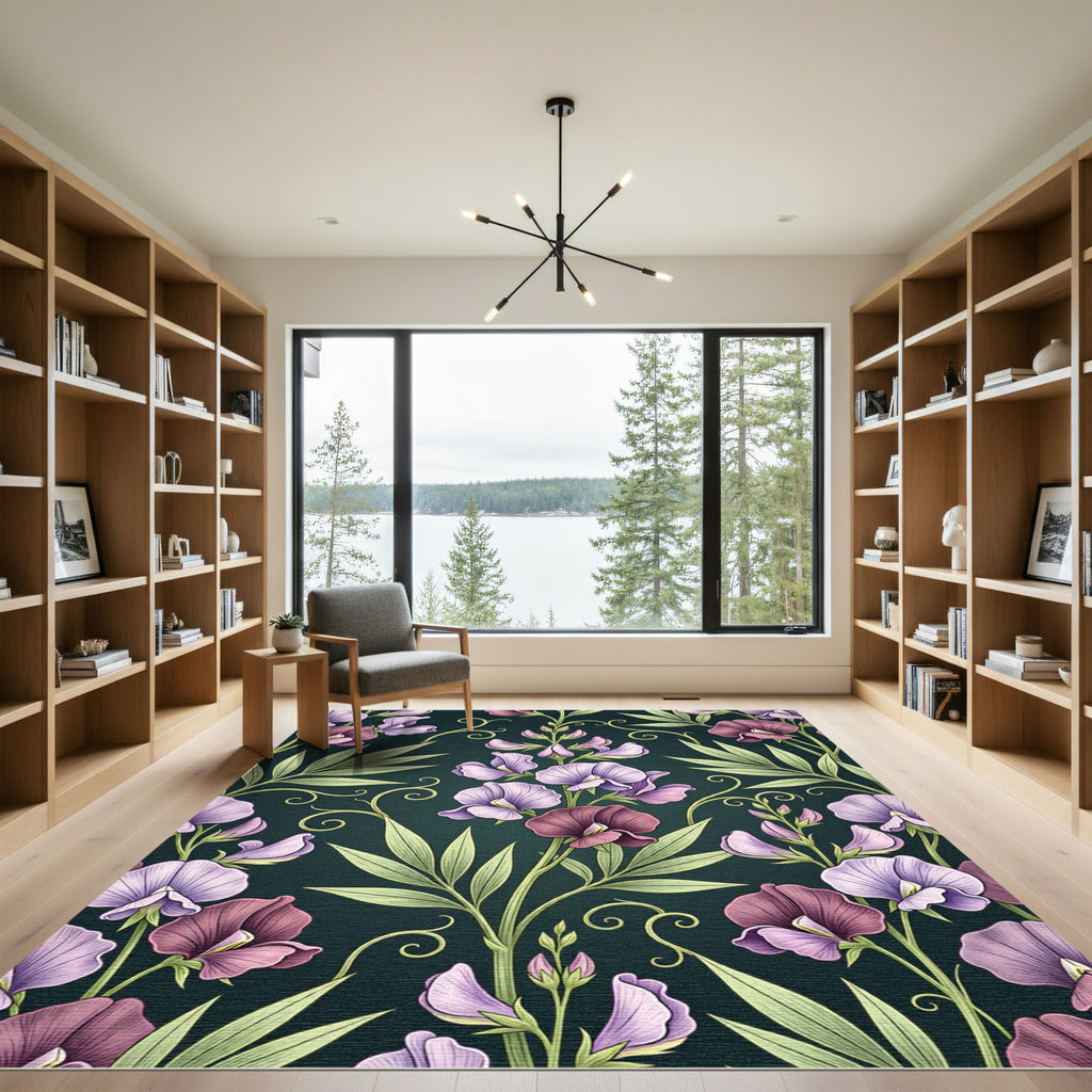 Elegant Moody Floral Sweet Pea Wallpaper Rug