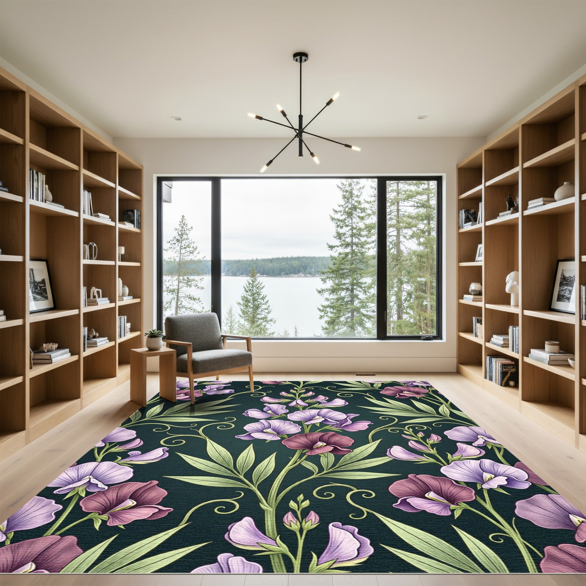 Elegant Moody Floral Sweet Pea Wallpaper Rug