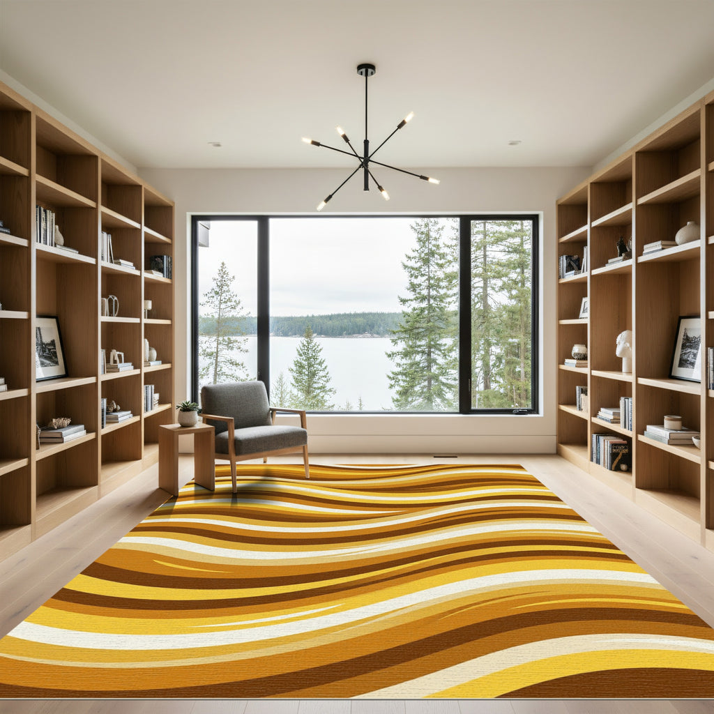 Golden Amber Fluid Wave Swirls Rug