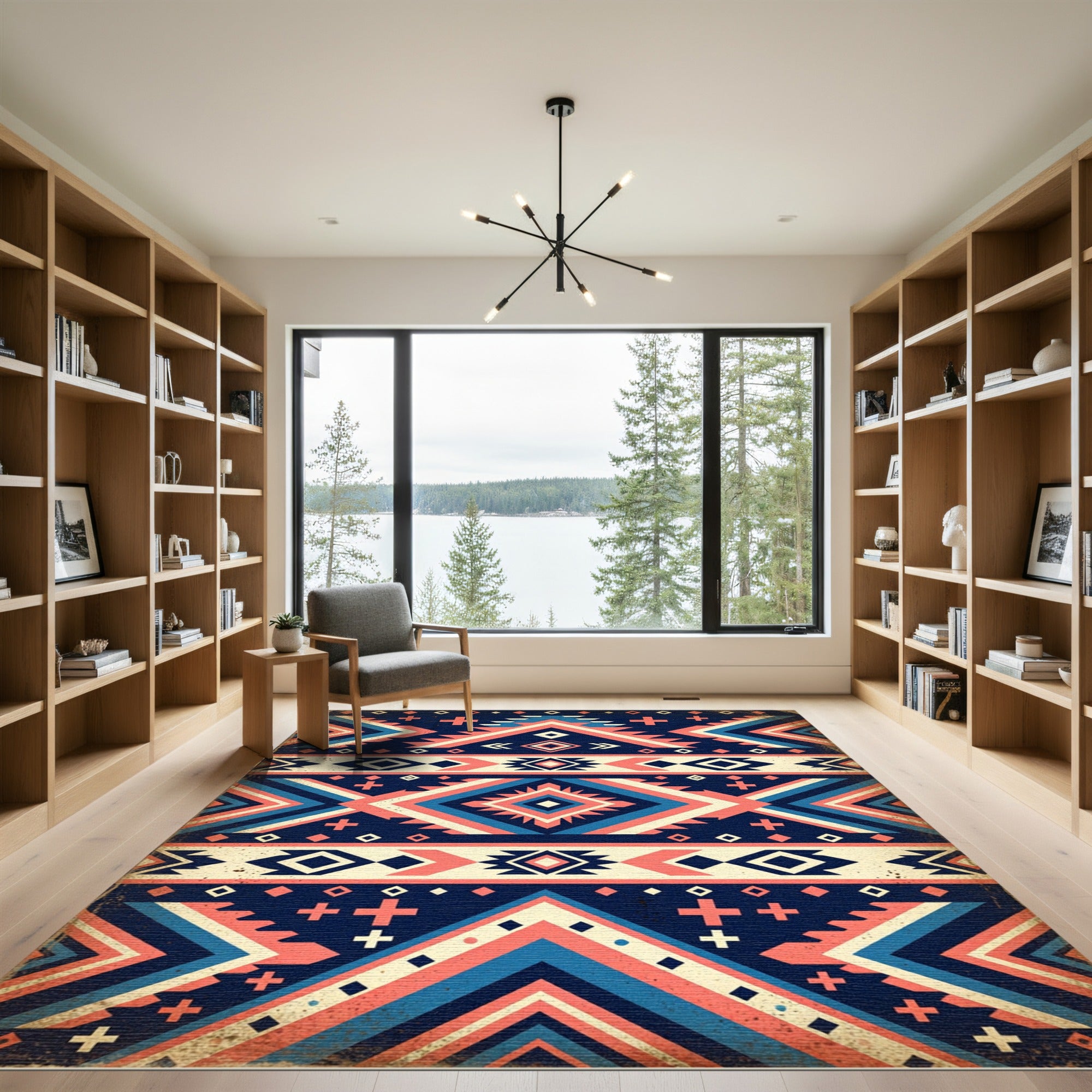 Geometric Coral Blue Tribal Stripe Rug