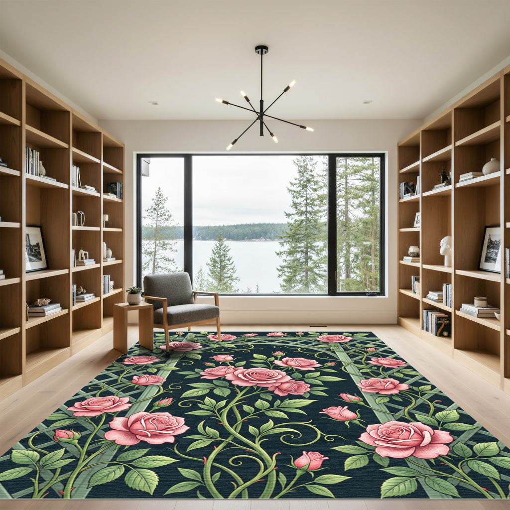 Romantic Pink Rose Trellis Garden Rug