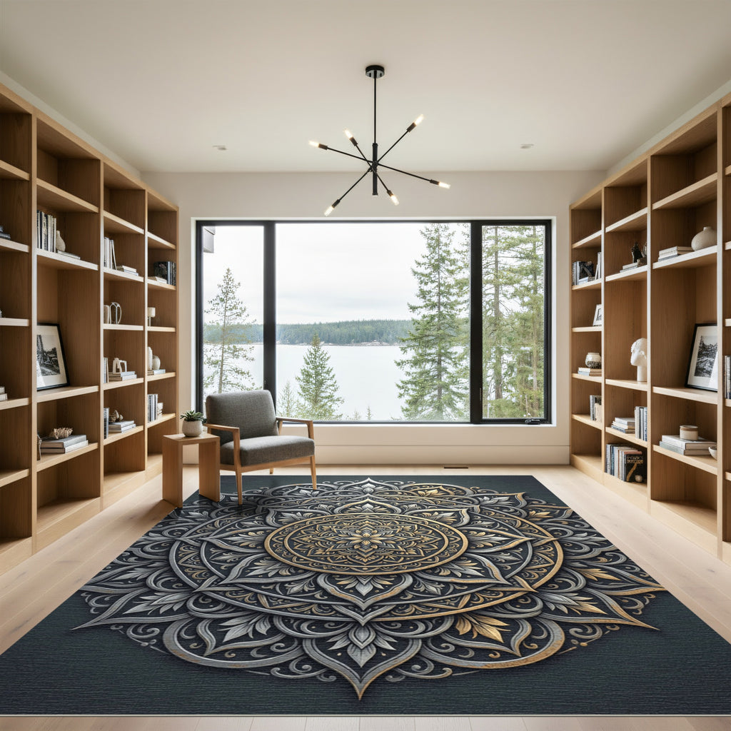 Ornate Silver and Gold Mandala Medallion Rug