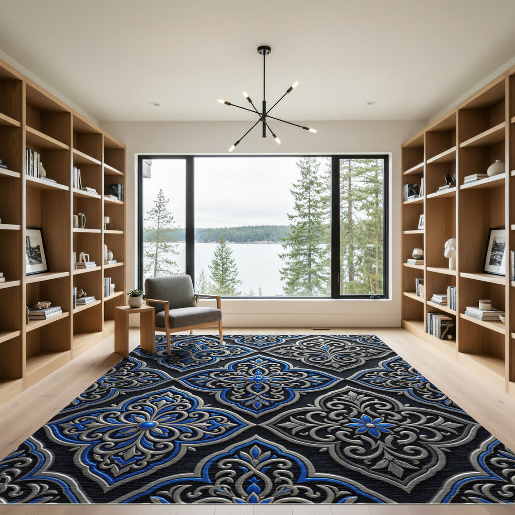 Elegant Silver Blue Damask Scroll Rug