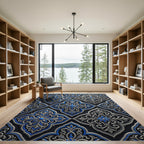 Elegant Silver Blue Damask Scroll Rug