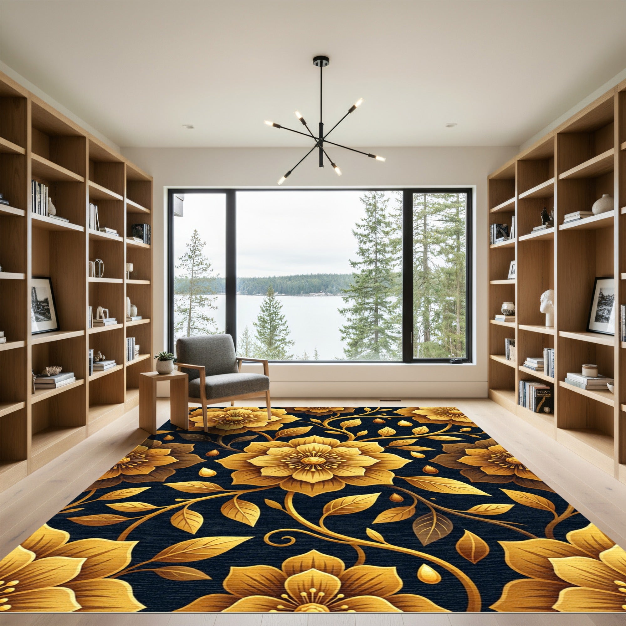 Golden Botanical Floral Onyx Background Rug