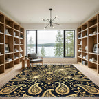 Elegant Golden Paisley Black Damask Rug
