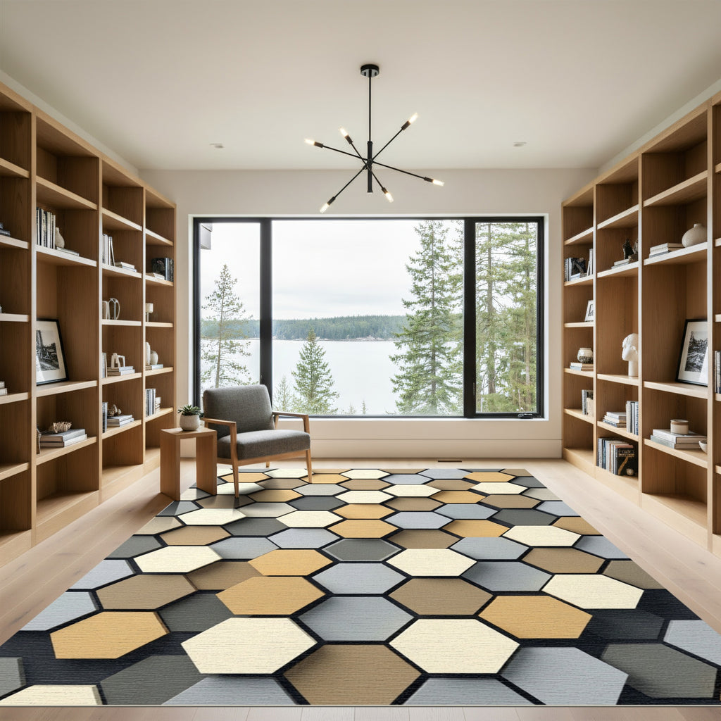 Modern Neutral Earthy Tone Hexagon Rug