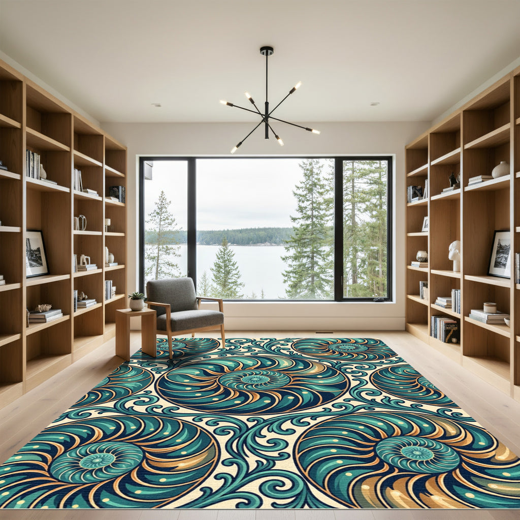 Teal Swirling Nautilus Botanical Decorative Art Rug