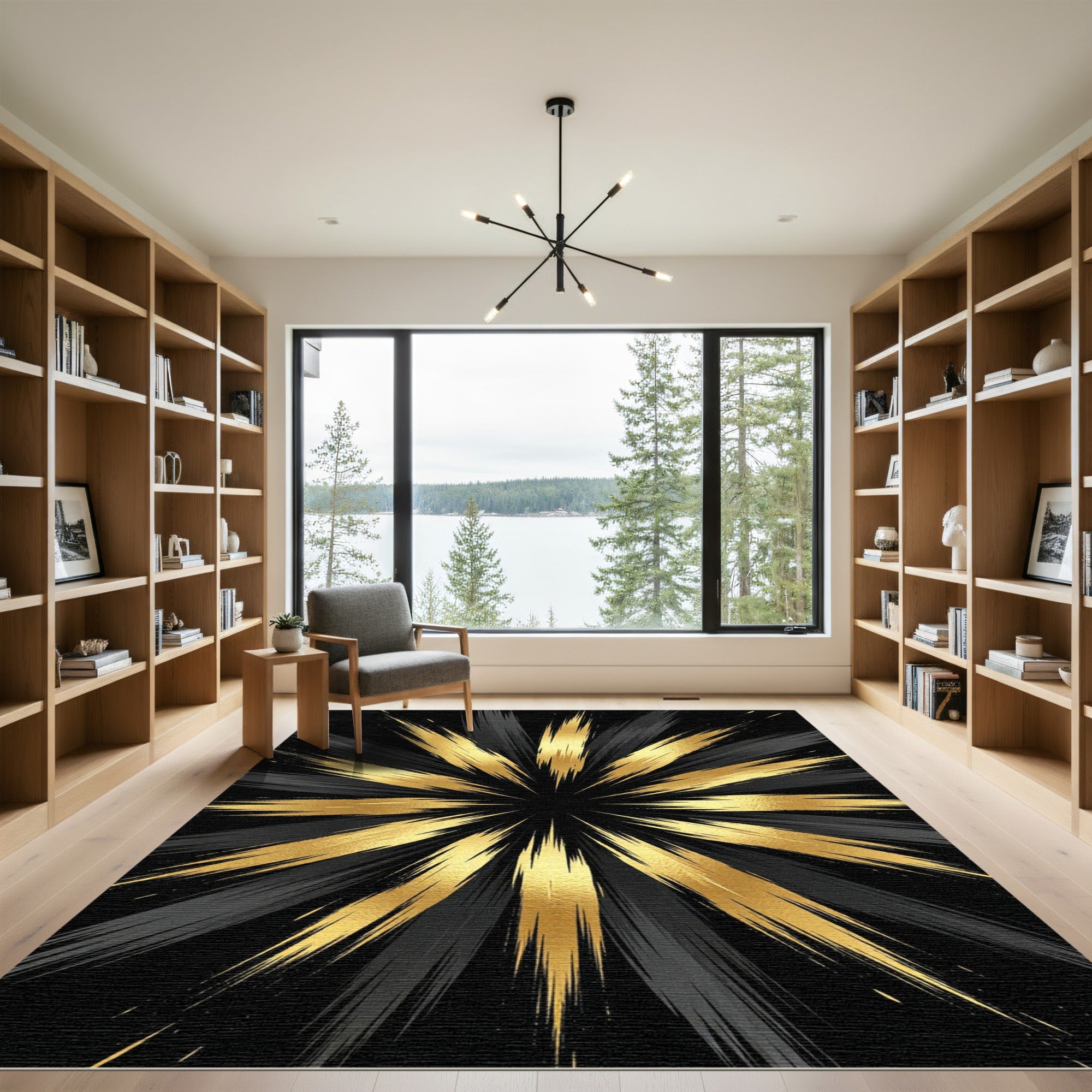 Black Gold Burst Rays Rug