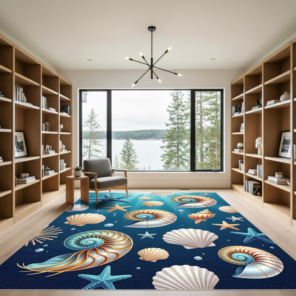 Ocean Blue Starfish Nautilus Shells Rug