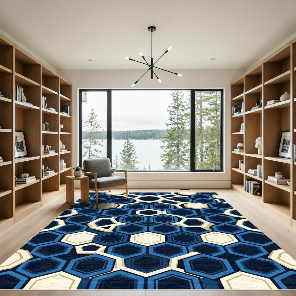 Modern Navy Blue Geometric Honeycomb Rug