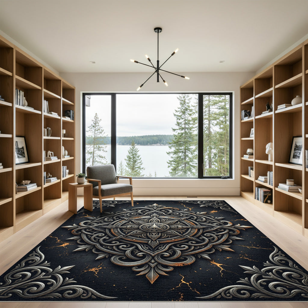 Ornate Metallic Silver Celestial Compass Rug