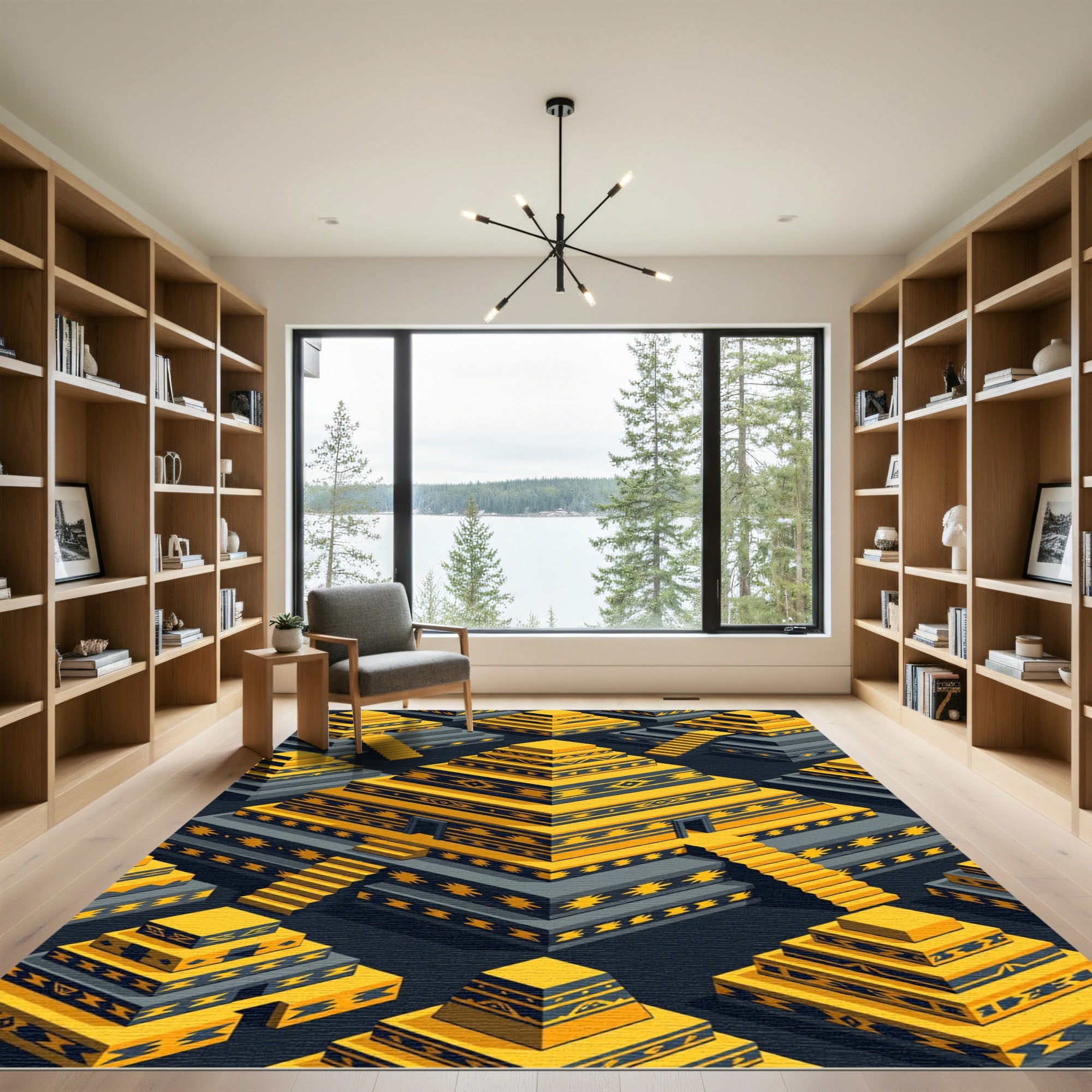 Gold Aztec Pyramid Geometric Step Rug