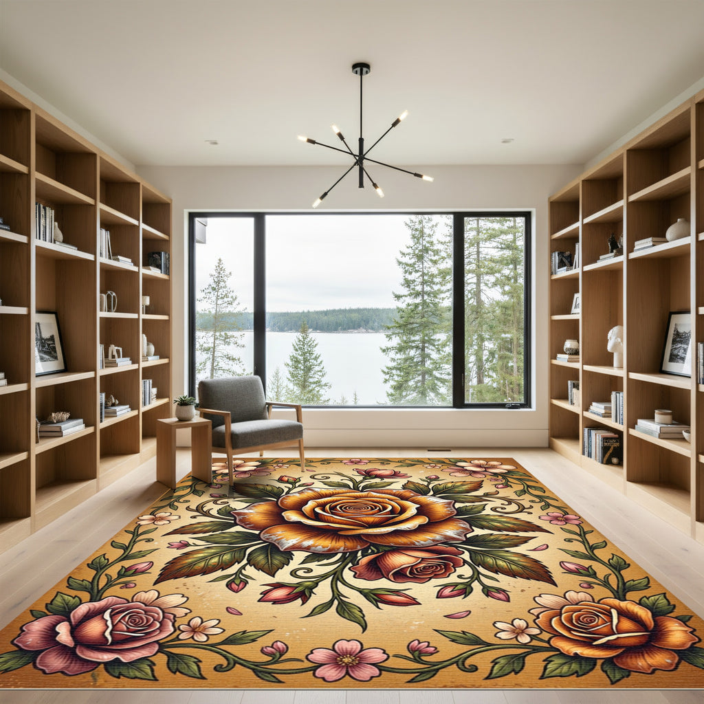 Antique Golden Rose Floral Bouquet Rug