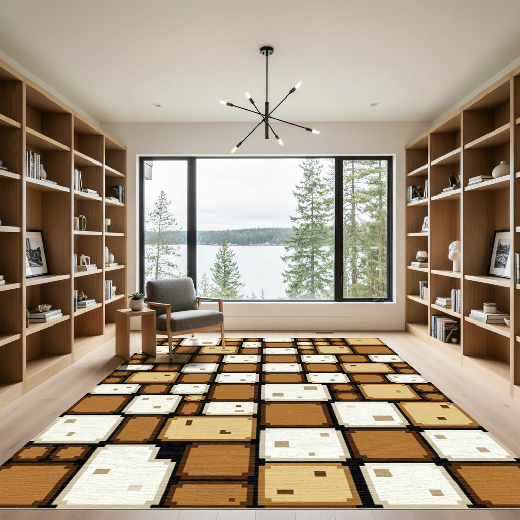 Brown Cream Pixelated Squares Rug