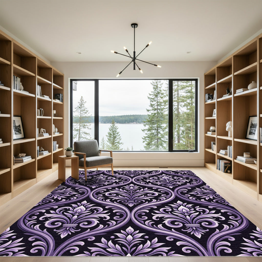 Damask Purple Floral Oval Rug