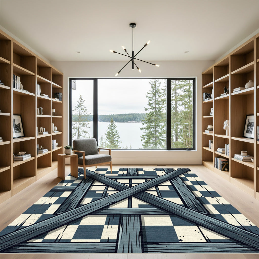 Dark Teal Wood Timber Checkerboard Rug