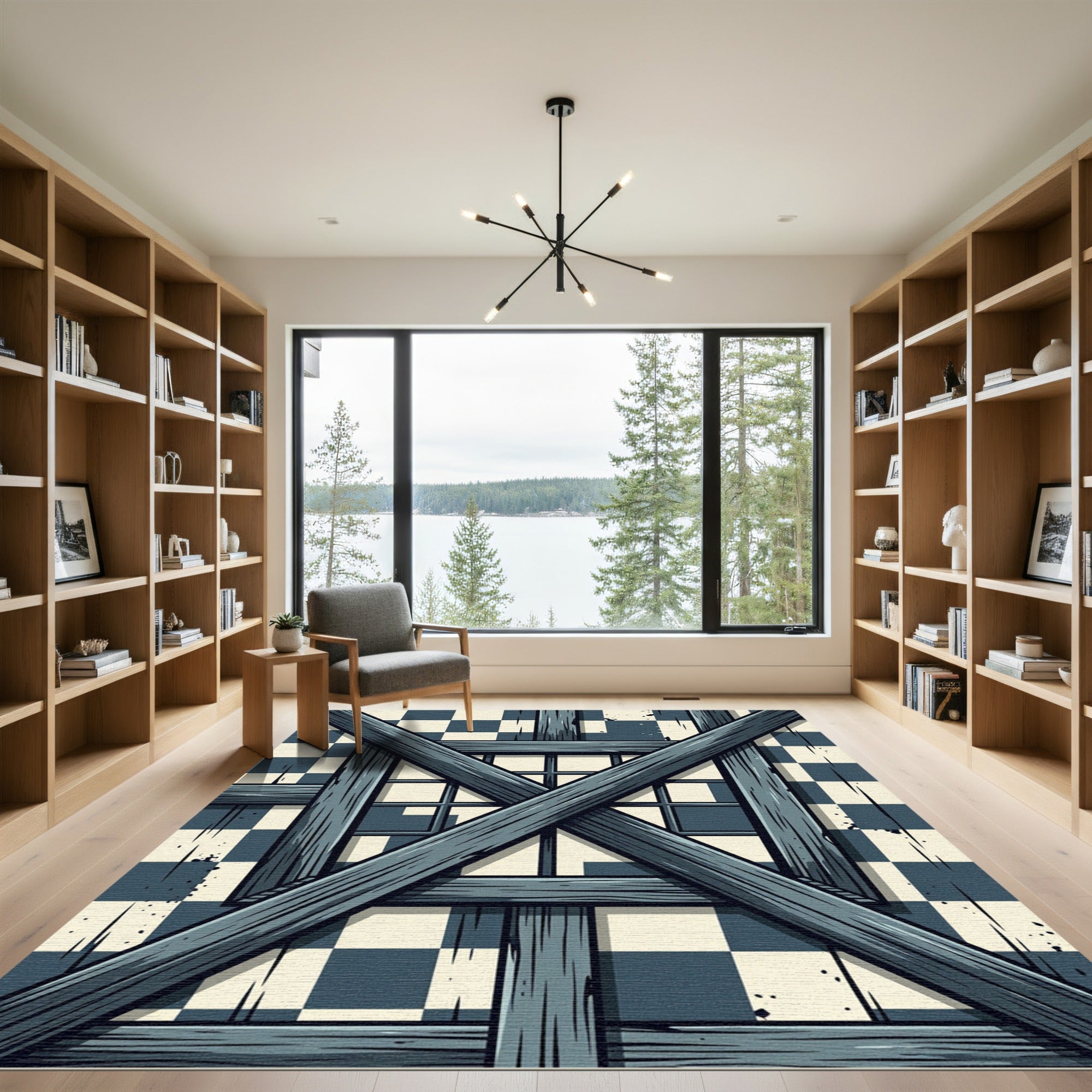 Dark Teal Wood Timber Checkerboard Rug