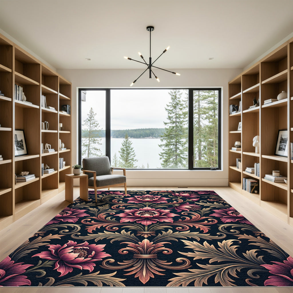 Elegant Pink Floral Damask Scroll Rug