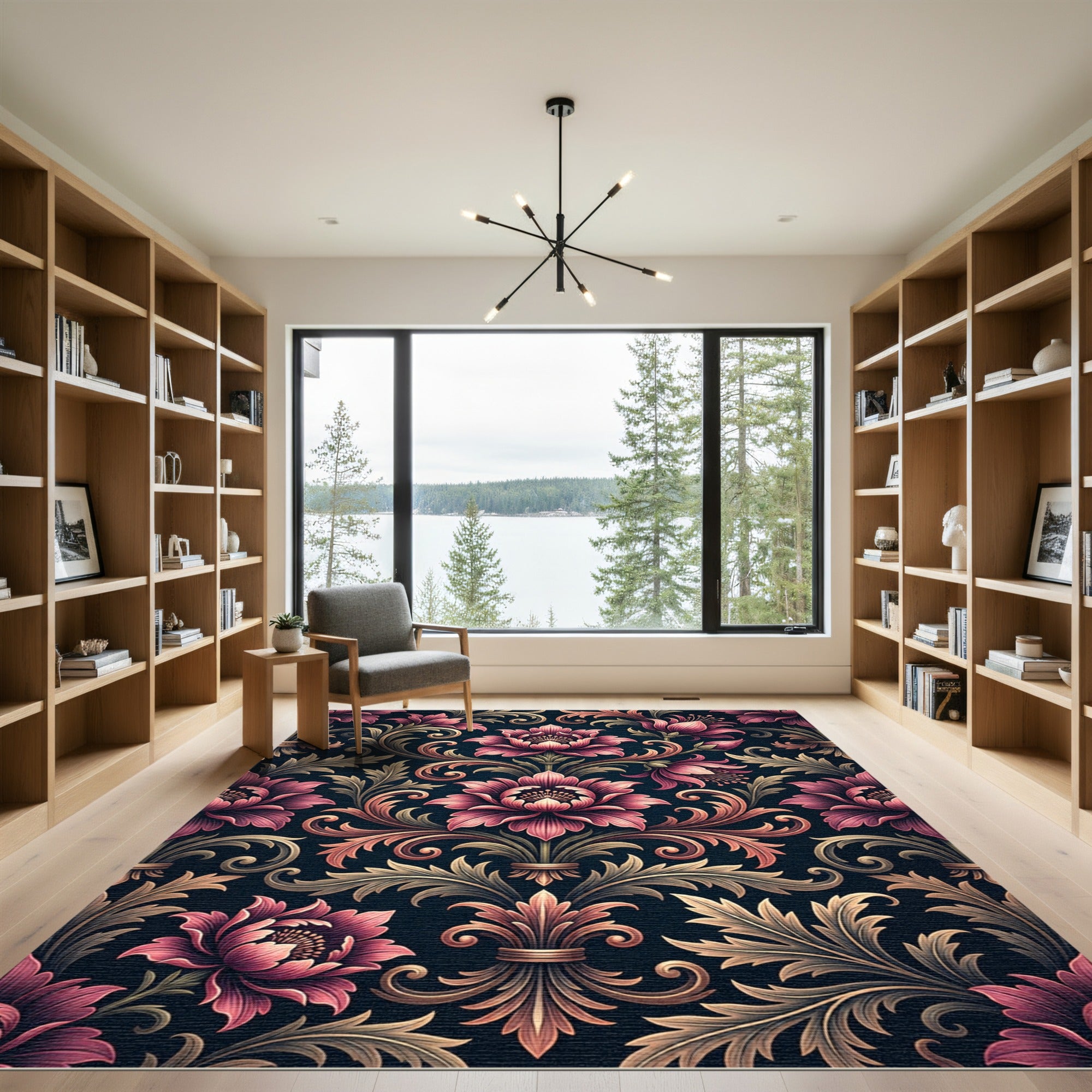 Elegant Pink Floral Damask Scroll Rug