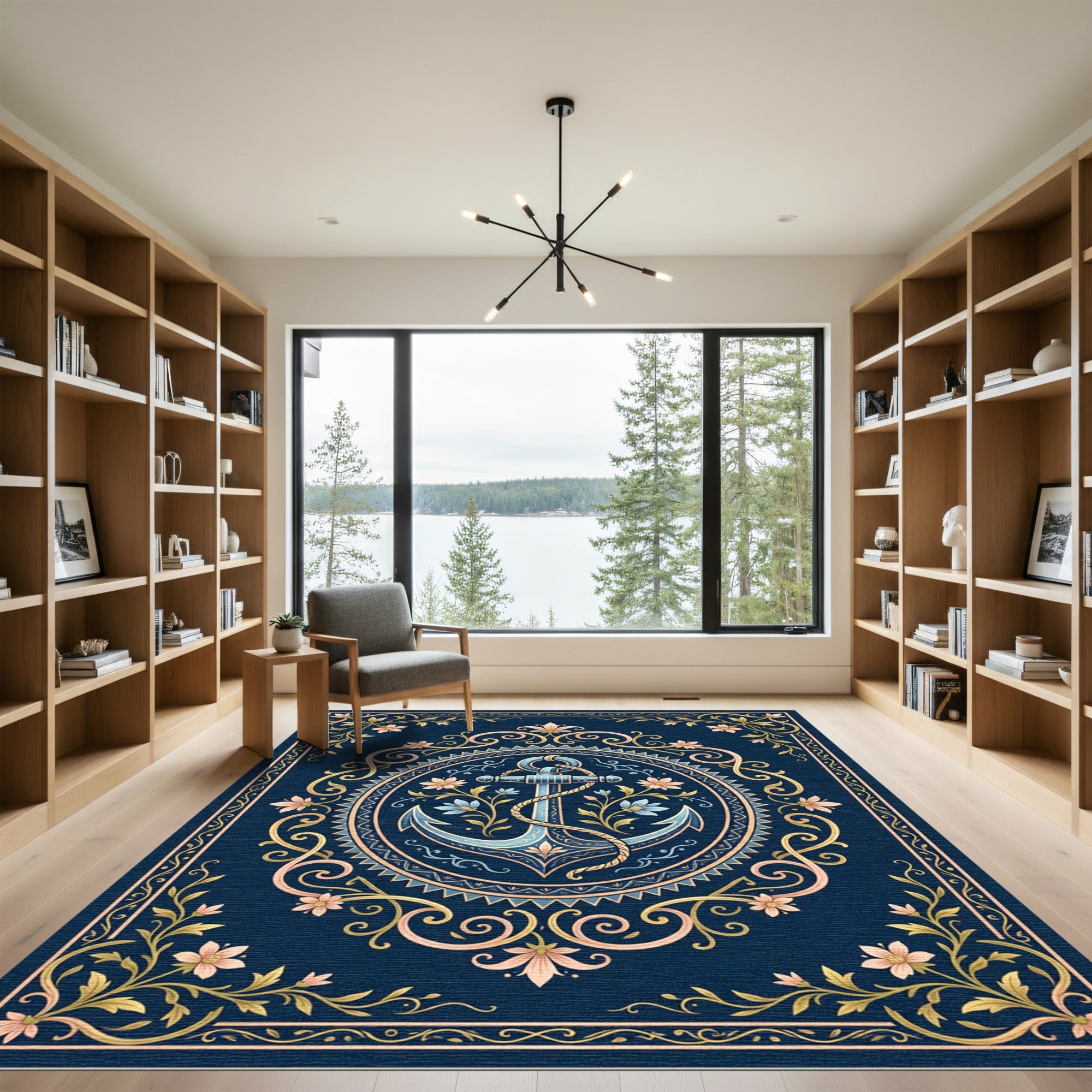 Blue Anchor Floral Scrollwork Accent Rug