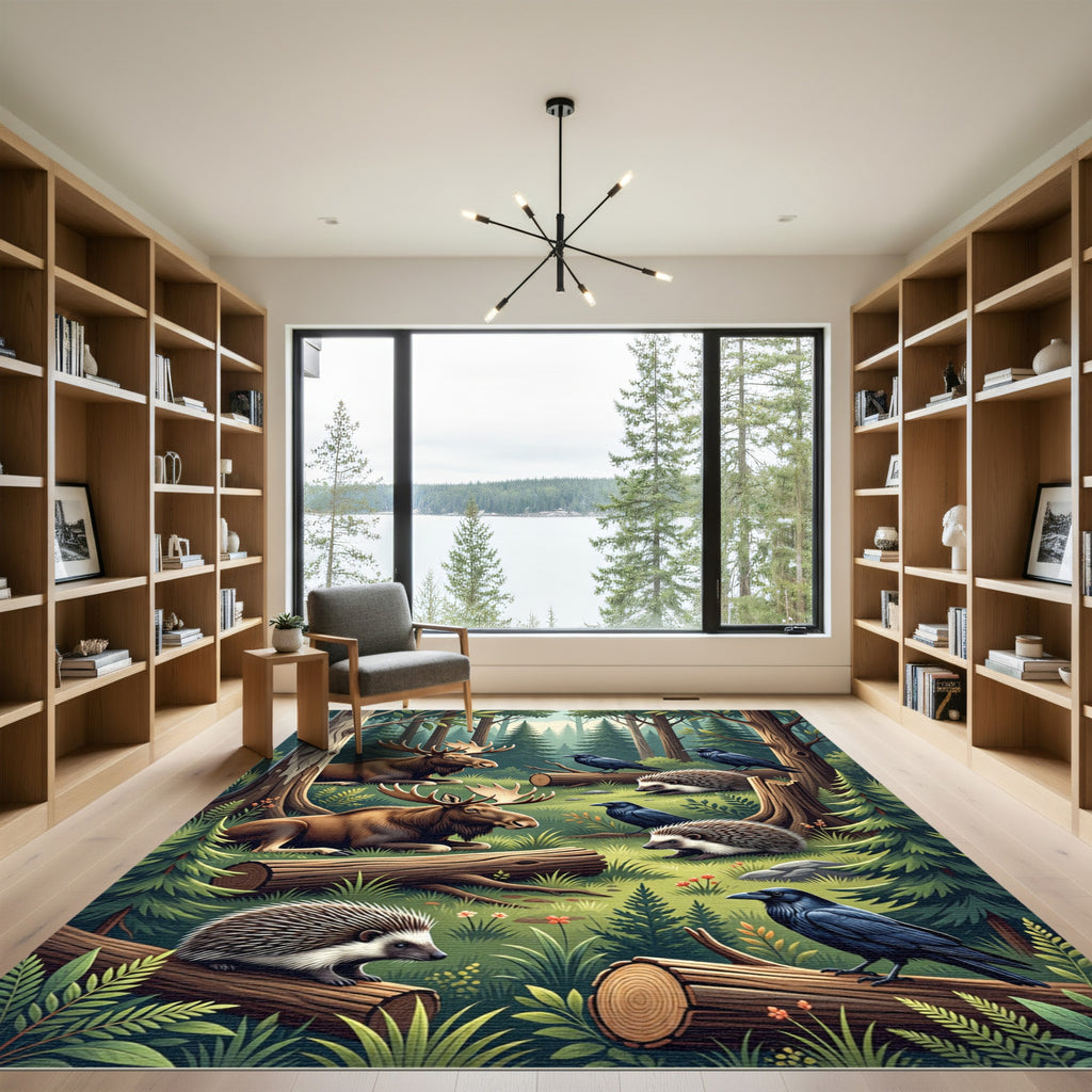 Enchanted Forest Moose and Wildlife Scene Rug