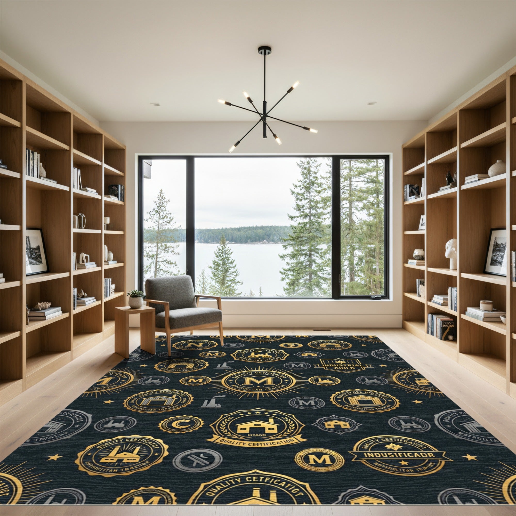 Golden Industrial Emblem Navy Geometric Rug