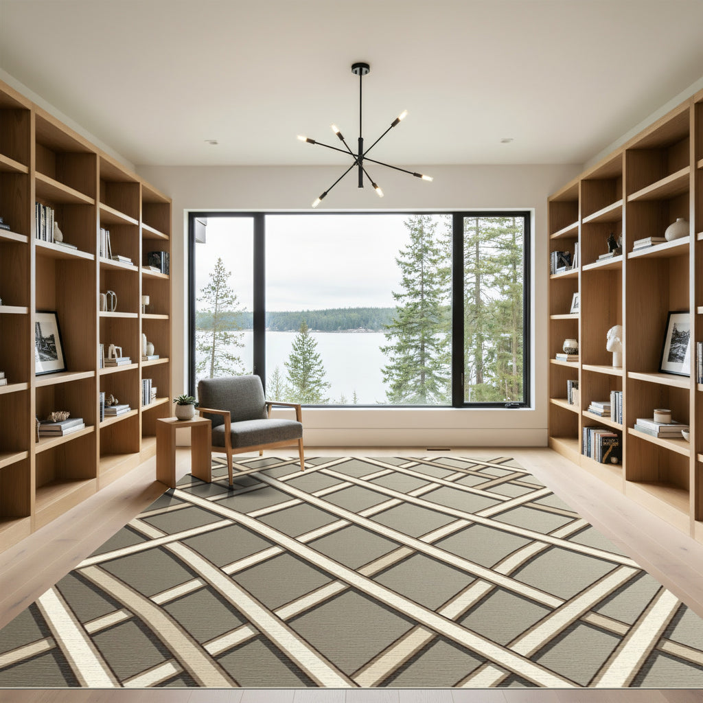 Neutral Taupe Angular Lattice Grid Rug